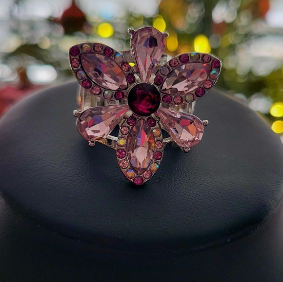 Paparazzi Pink and Silver Floral Stretch Ring - Picture 3 of 3